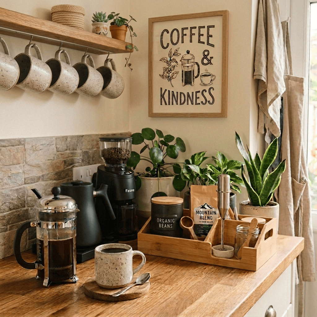 Cozy coffee station with mugs, coffee makers, plants, and kindness sign