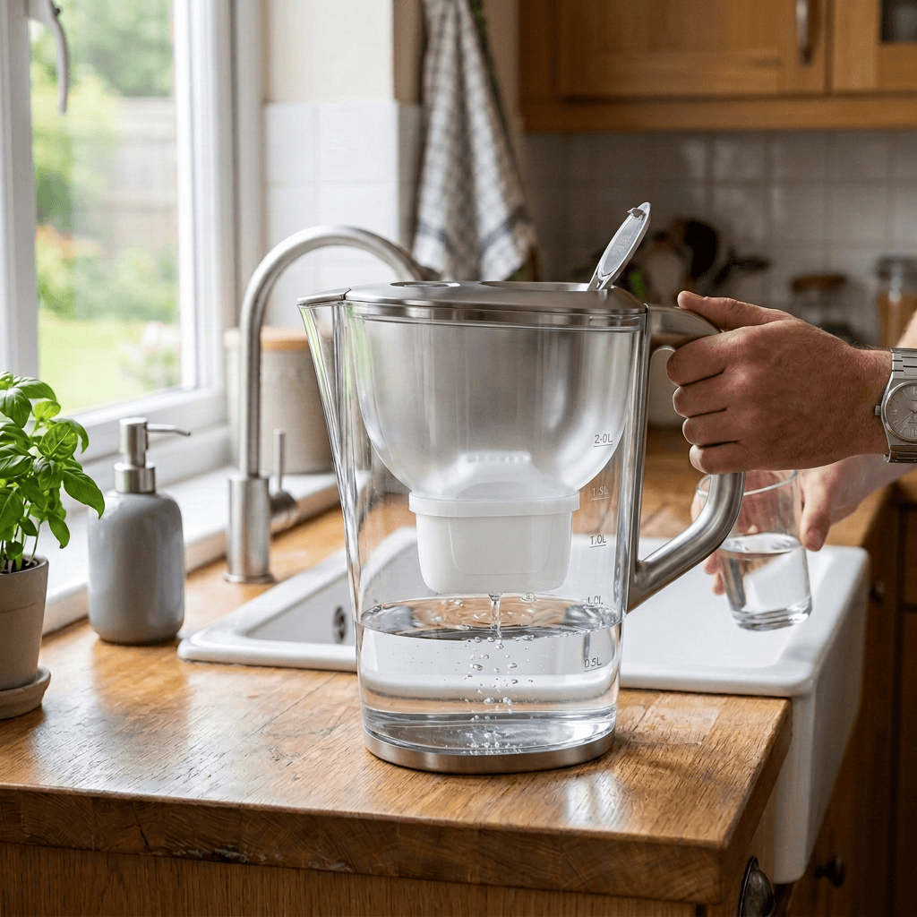 MAXTRA water filter pitcher filled with water beside kitchen sink