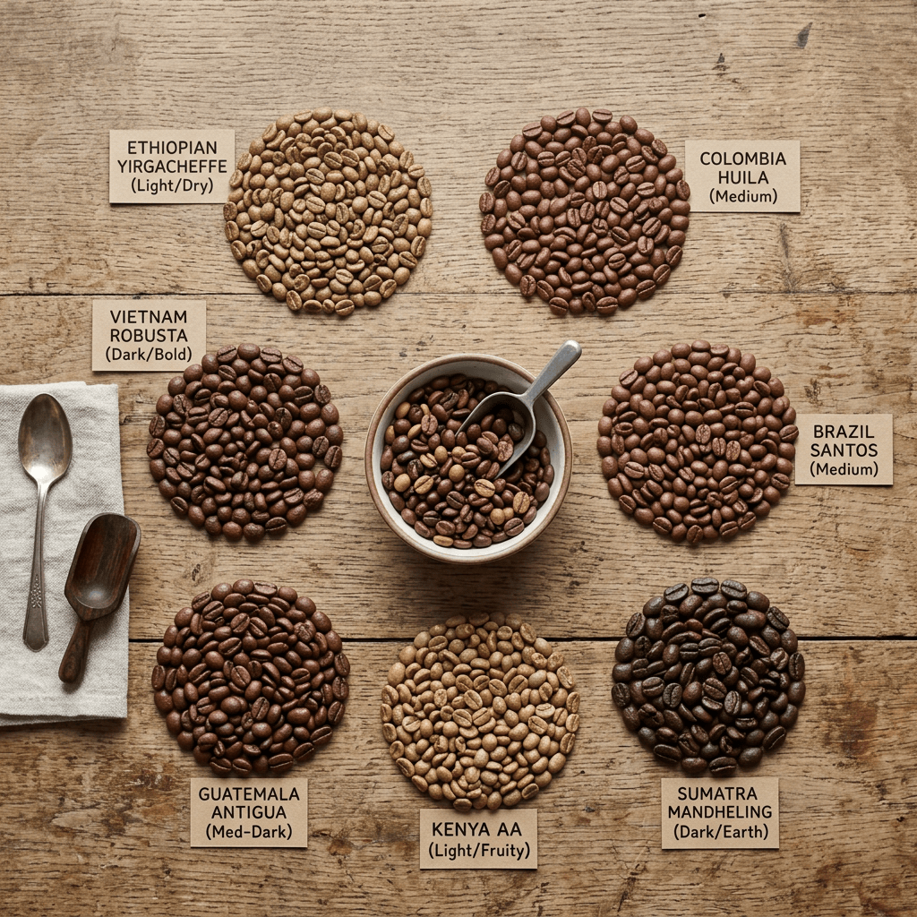 Seven labeled coffee bean varieties arranged by origin and roast level