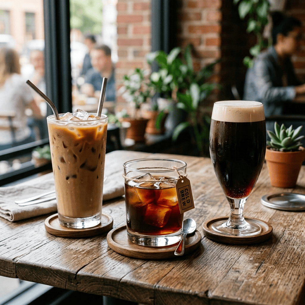 Iced latte, cold brew, and dark coffee served on a café table