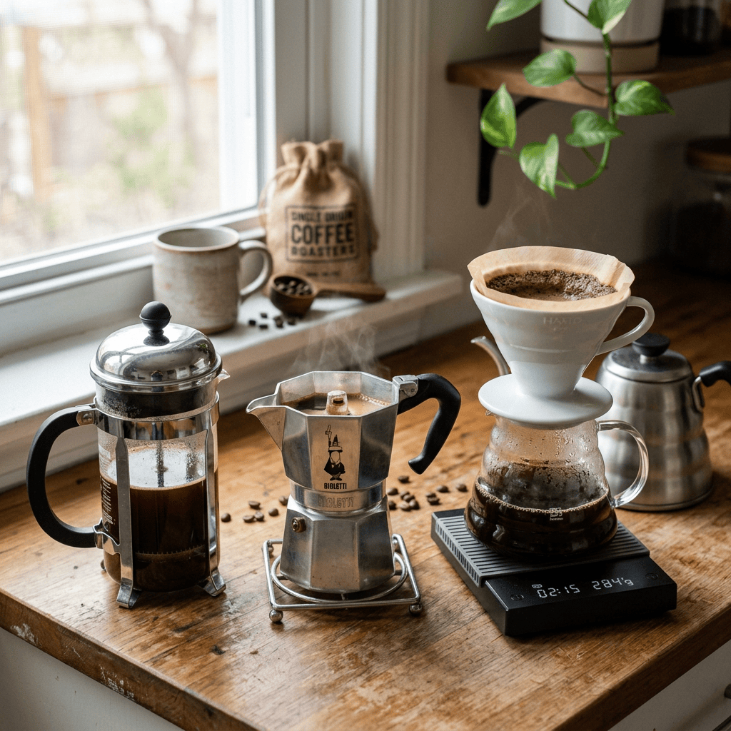 French press, moka pot, and pour-over coffee setup on wooden counter