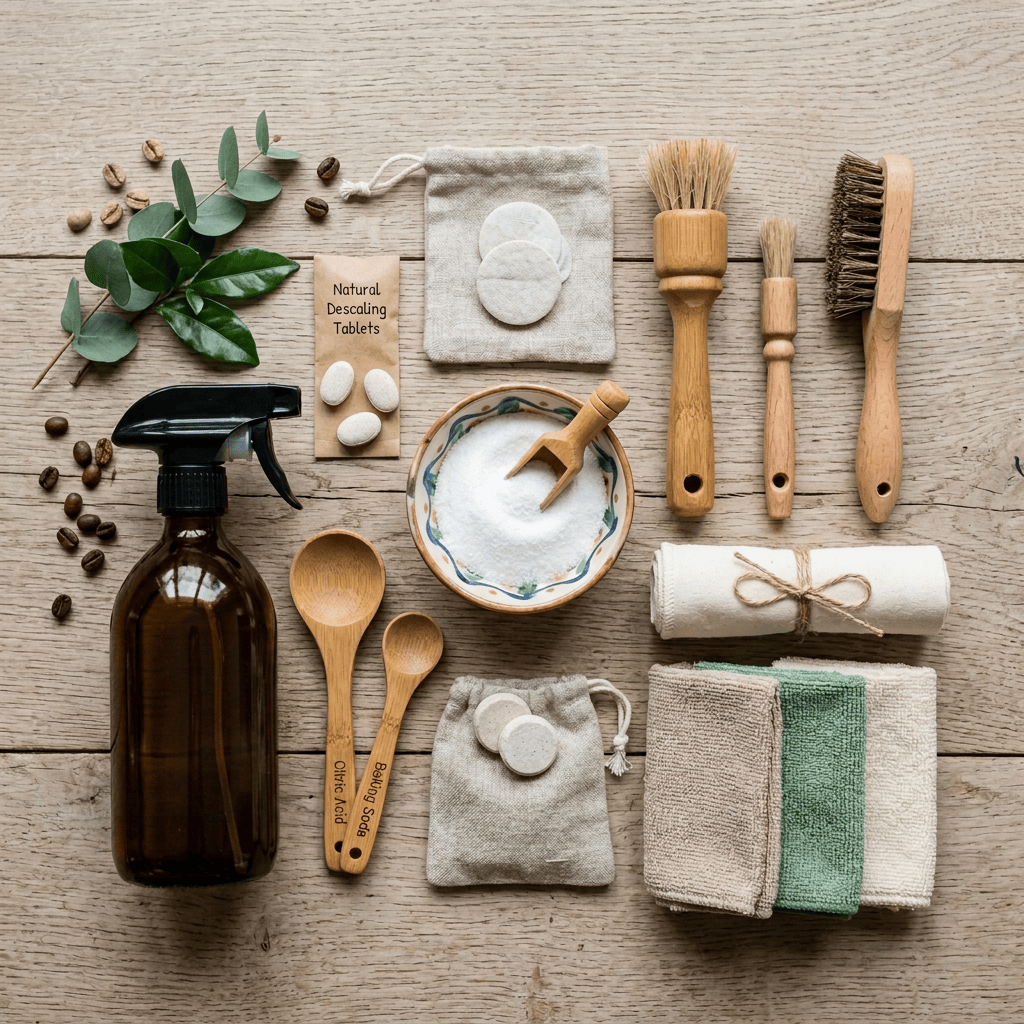 Coffee cleaning supplies labeled Natural Descaling Tablets, Natural Coffee Machine Cleaner, Citric Acid, and Baking Soda