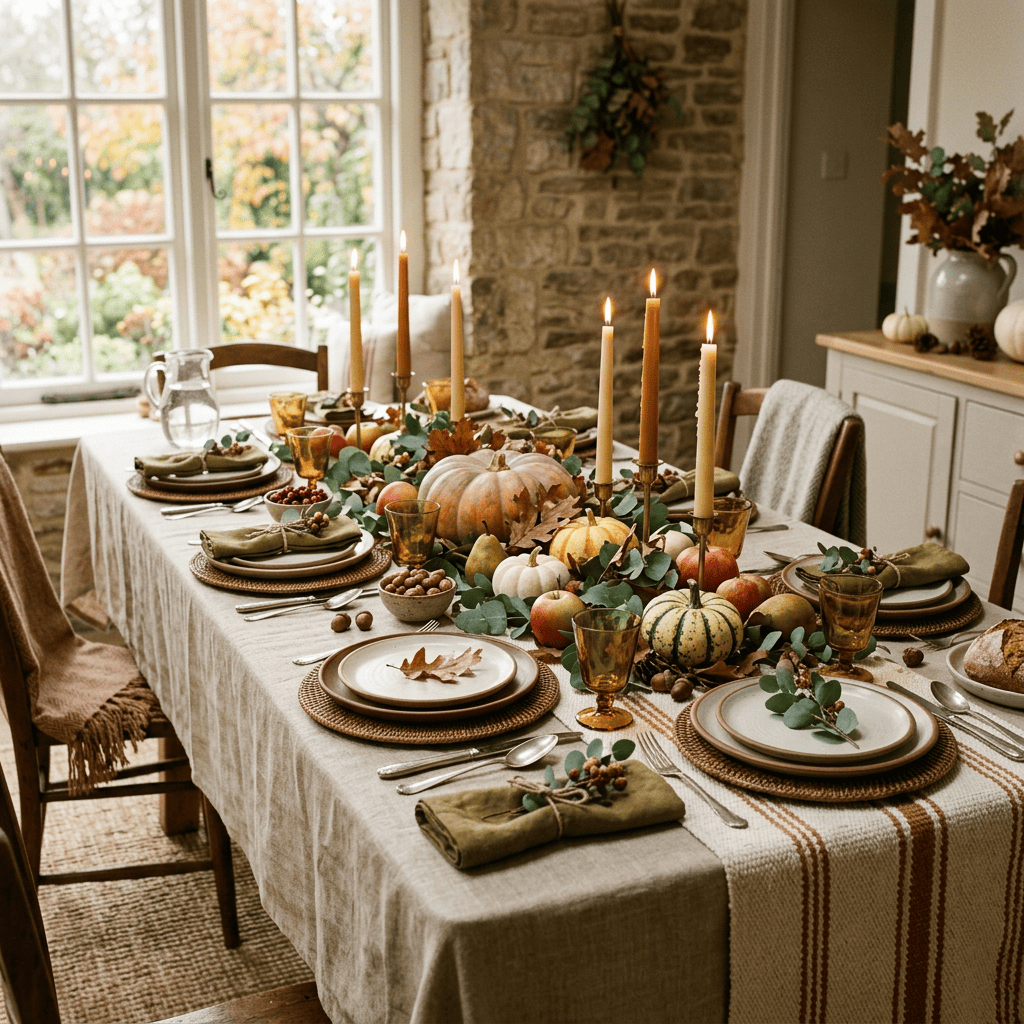 Autumn dining table with pumpkins, candles, fruit, and rustic place settings