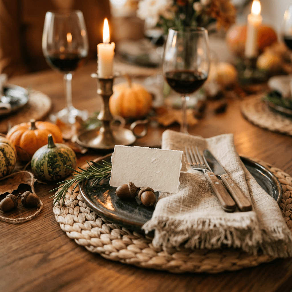 Autumn dinner table with candles, red wine, pumpkins, acorns, and rustic place setting