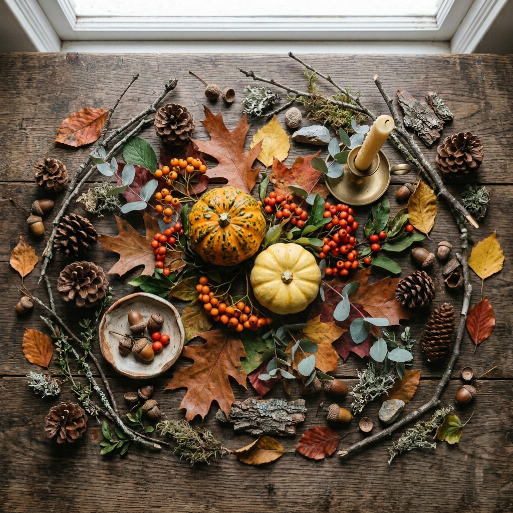 Autumn arrangement with pumpkins, leaves, berries, pinecones, and candle