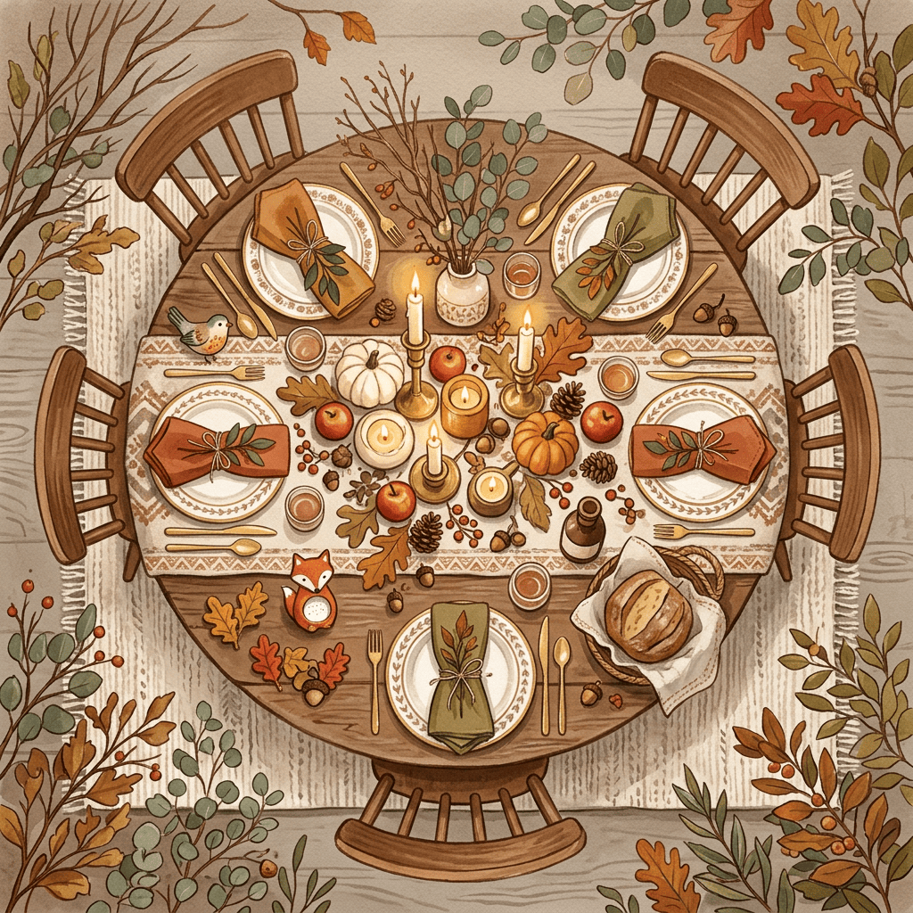 Illustrated autumn dinner table with candles, pumpkins, fruit, and four place settings