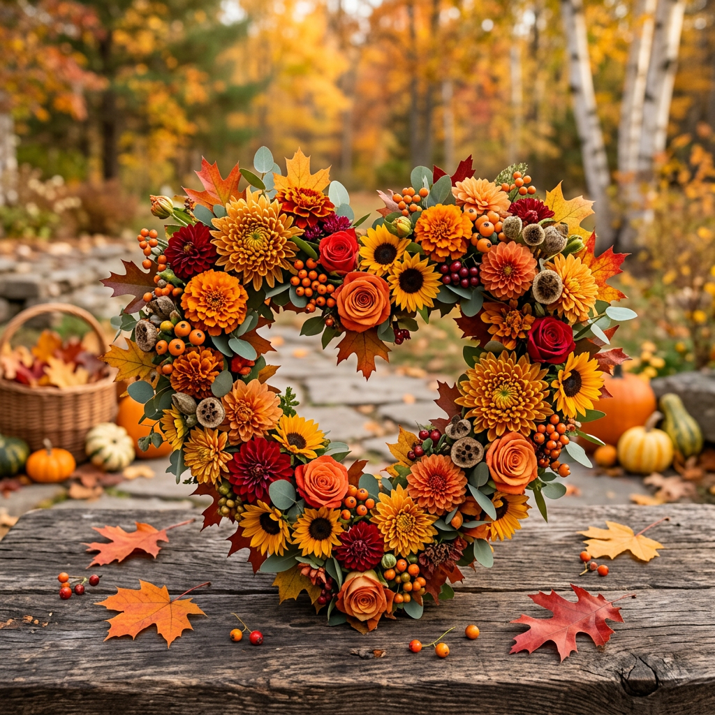Autumn wreath of flowers, berries, and leaves on a rustic table