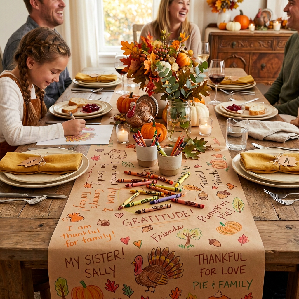 Family at Thanksgiving table with runner reading “Gratitude,” “Thankful for love,” and “Pie & family.”