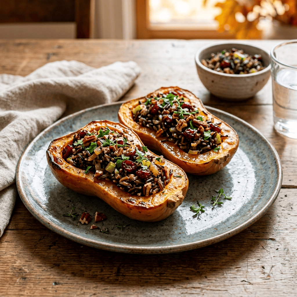 Two roasted squash halves filled with wild rice, cranberries, pecans, and herbs