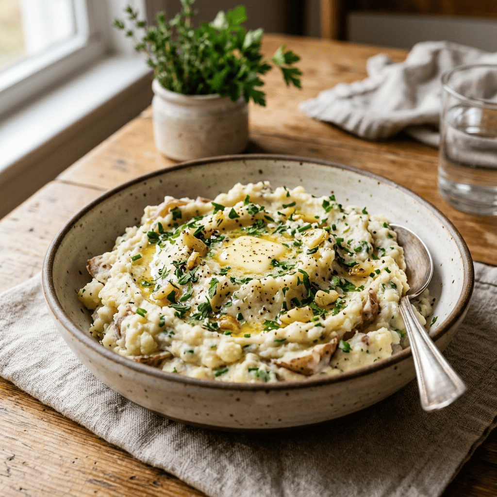 Bowl of mashed potatoes topped with butter, herbs, garlic, and pepper