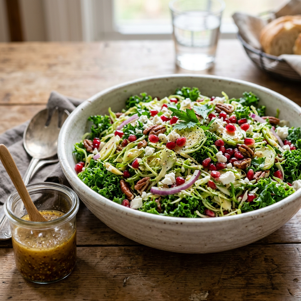 Colorful kale salad with pomegranate seeds, pecans, feta, and dressing