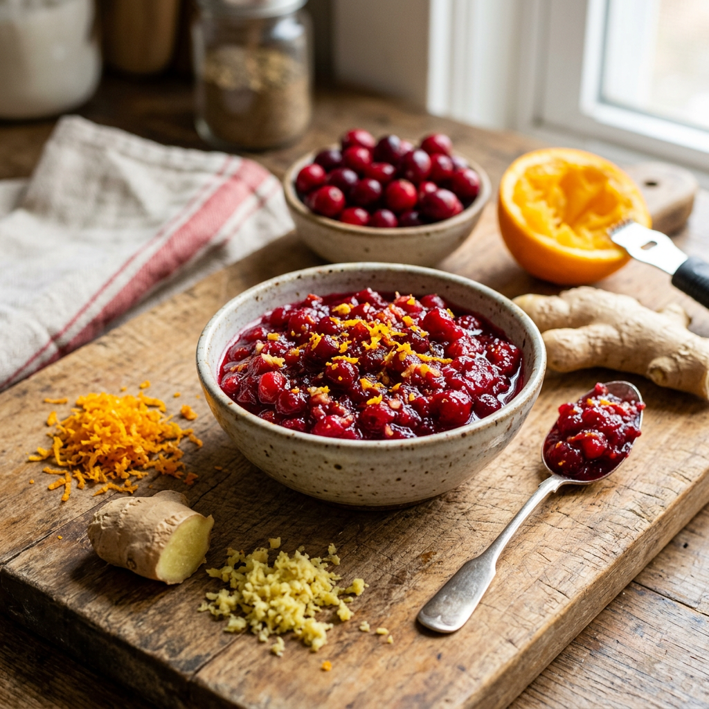 Bowl of cranberry relish with orange zest, ginger, cranberries, and orange