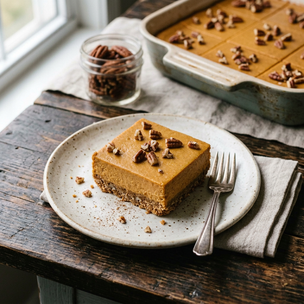Pumpkin dessert bar topped with whipped cream, cinnamon, and pecans
