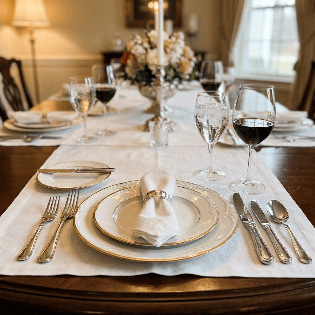 Elegant dining table with place settings, wine glasses, flowers, and candles