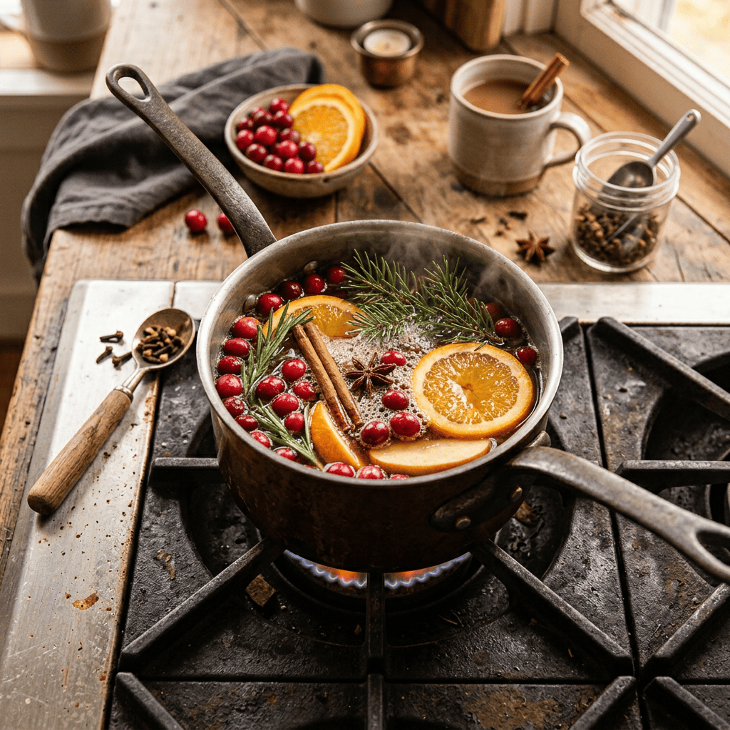 Pot simmering cranberries, orange slices, cinnamon, rosemary, and star anise