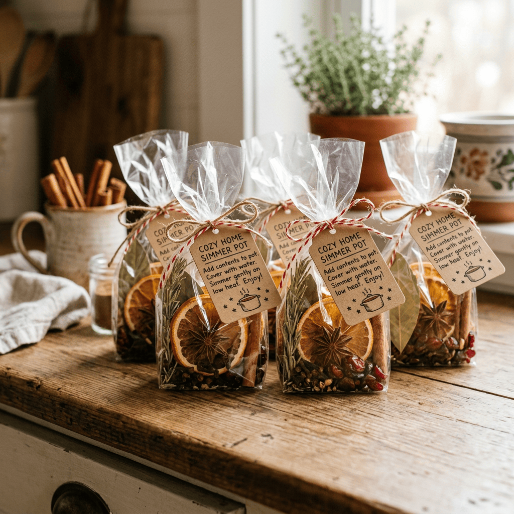 Four labeled Cozy Home Simmer Pot gift bags filled with dried citrus, spices, herbs, and berries; tags read, “Add contents to pot. Cover with water. Simmer gently on low heat. Enjoy!”
