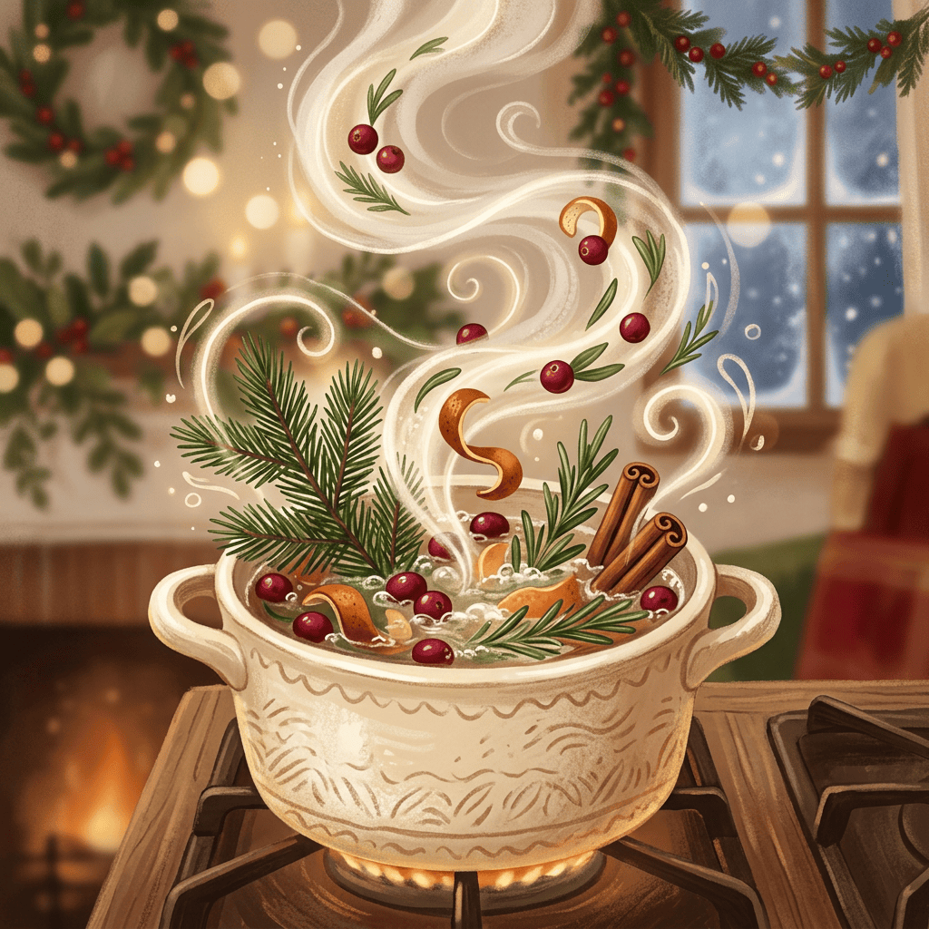 Holiday simmer pot with cranberries, citrus, rosemary, and cinnamon on a stove