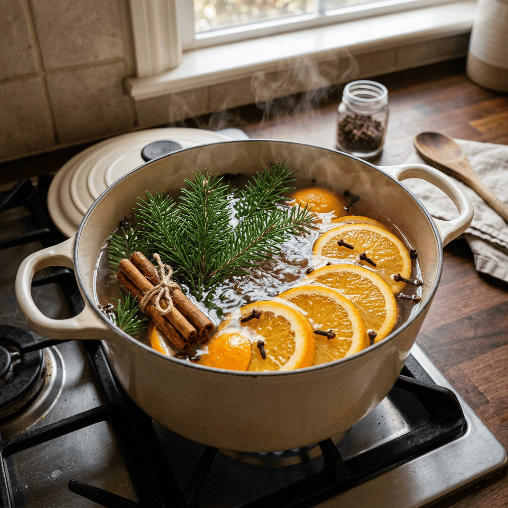 Pot of simmering oranges, cinnamon, cloves, and evergreen sprigs on a stove