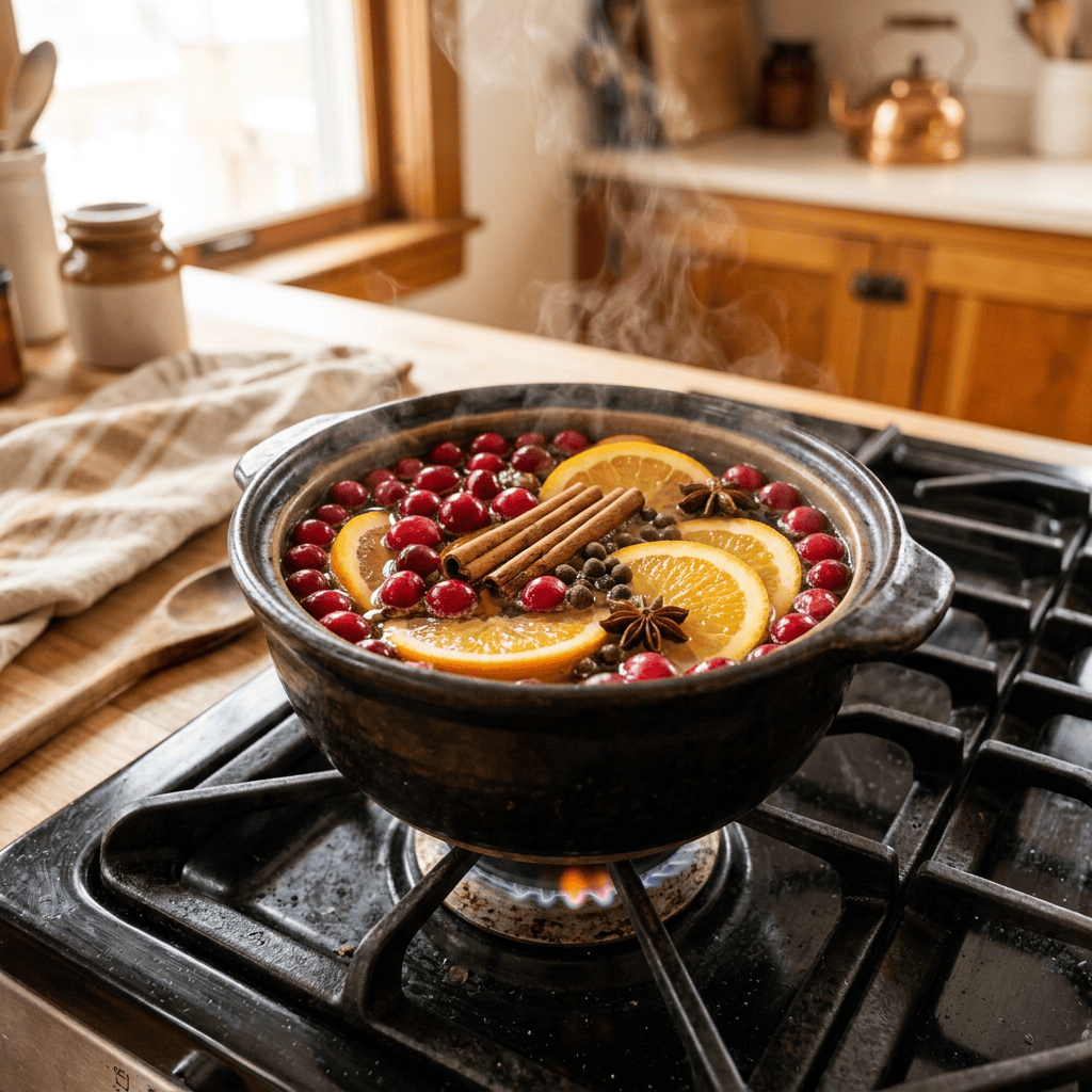 Pot of cranberries, orange slices, cinnamon, and spices simmering on a gas stove