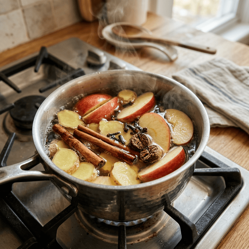 Pot of apples, ginger, cinnamon, and spices simmering on a gas stove