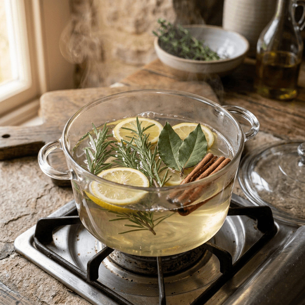 Glass pot simmering lemon, rosemary, bay leaves, and cinnamon