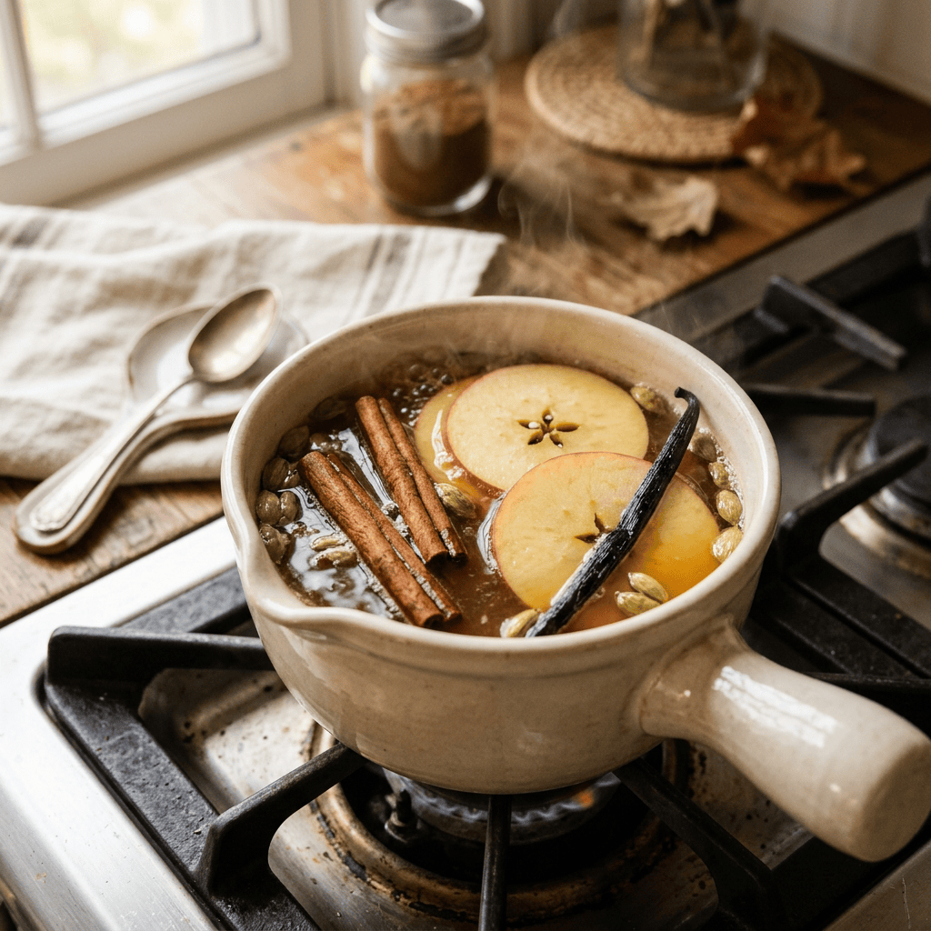 Pot of steaming spiced apple cider with apples, cinnamon, and vanilla