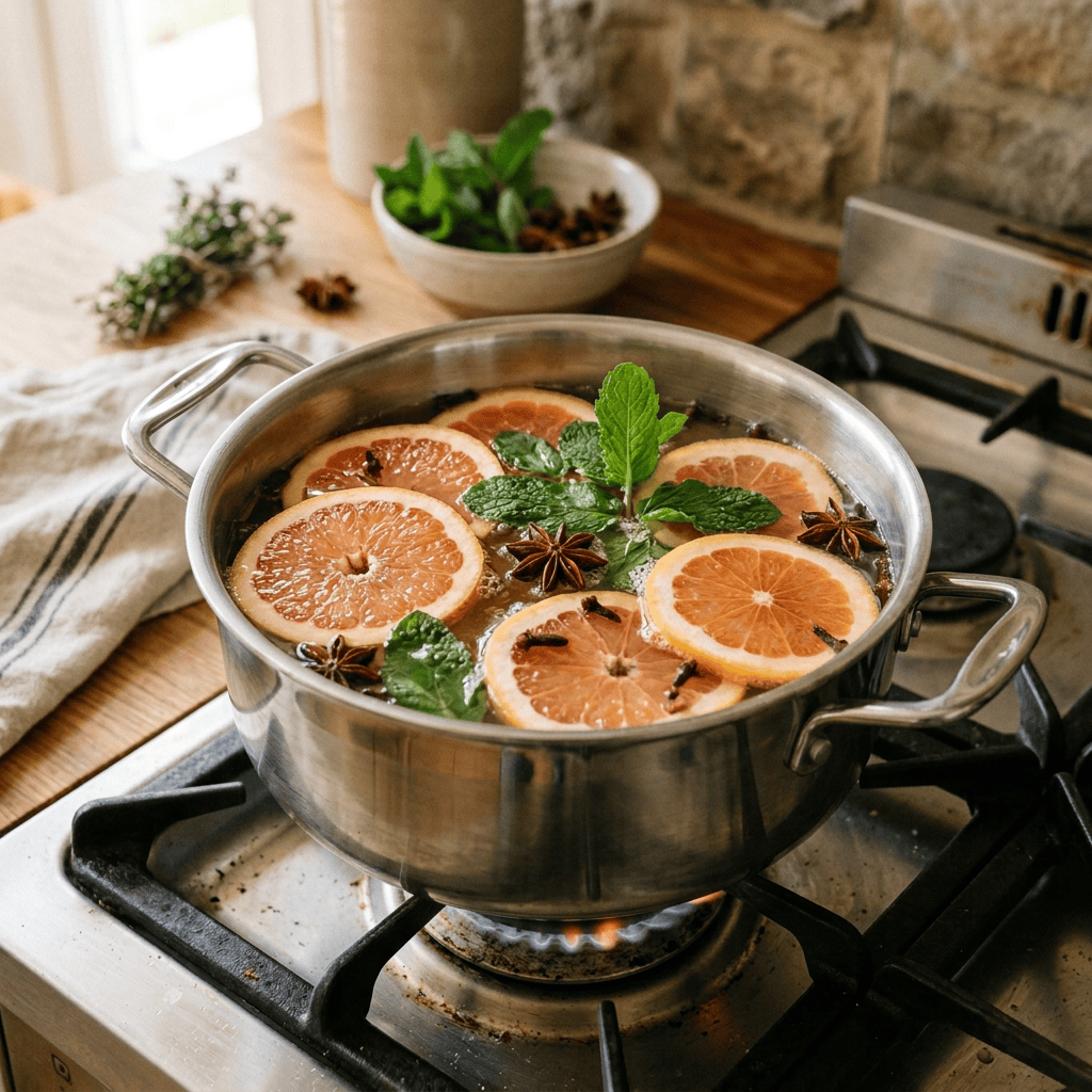 Pot of citrus slices, mint, and spices simmering over a gas flame