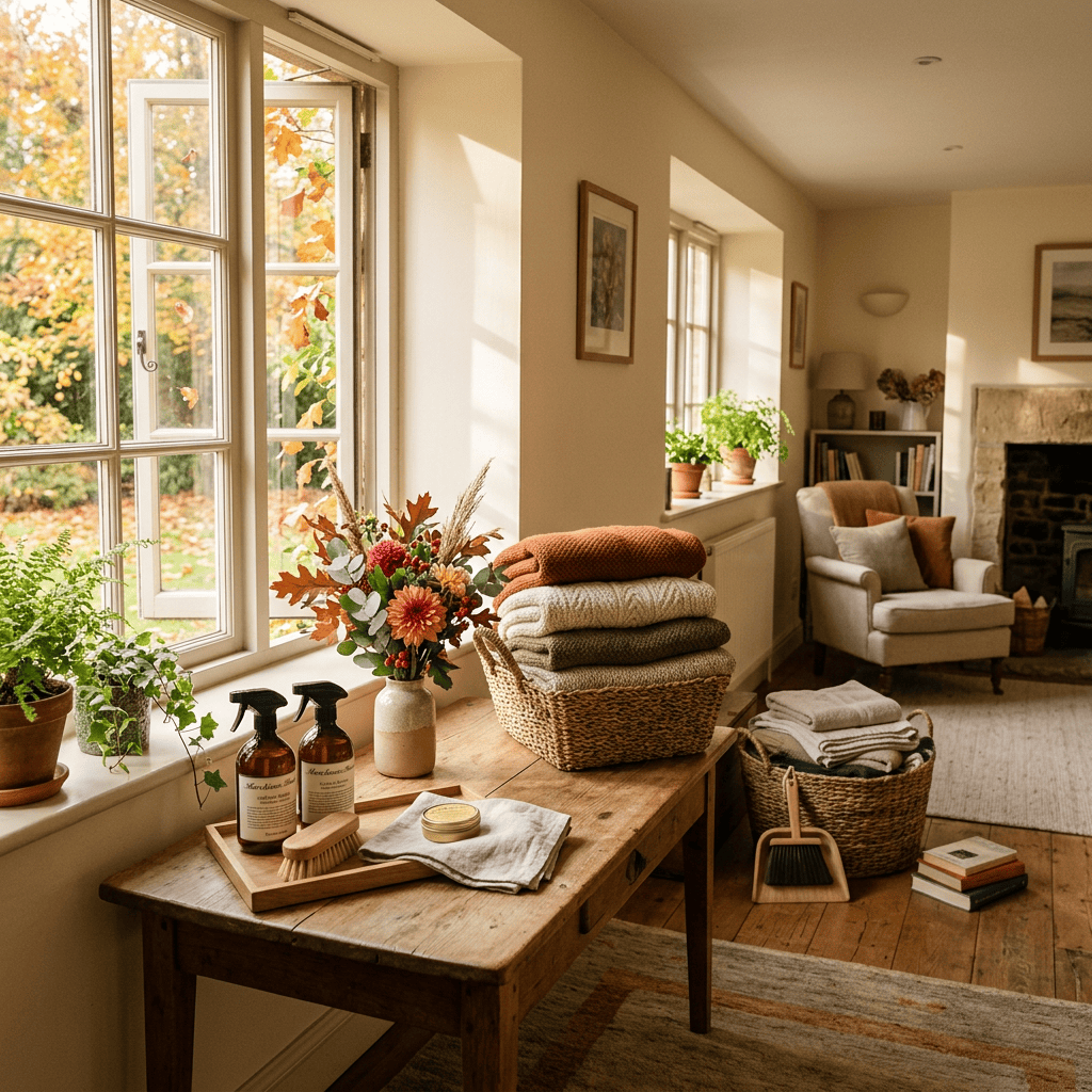 Cozy living room with folded blankets, flowers, and cleaning supplies