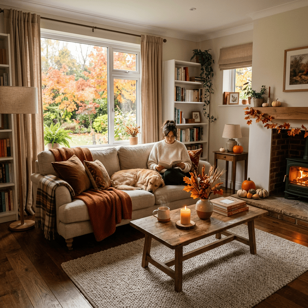 Woman reading beside sleeping dog in cozy autumn living room