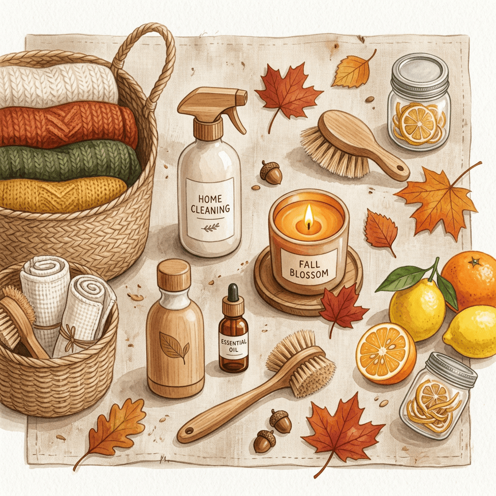 Autumn-themed home cleaning supplies arranged with textiles, candles, citrus, and leaves