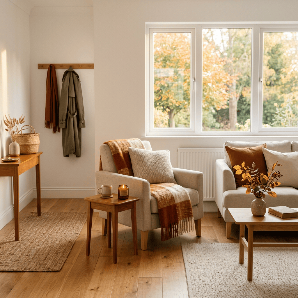 Cozy living room with armchair, sofa, autumn blankets, and large windows