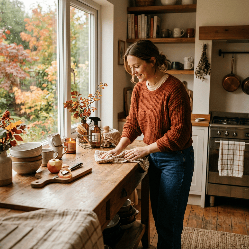 Woman wiping a wooden kitchen island beside an autumn garden window