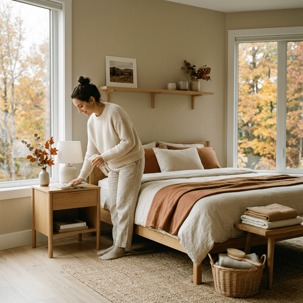 Woman cleaning a cozy bedroom beside a neatly made bed