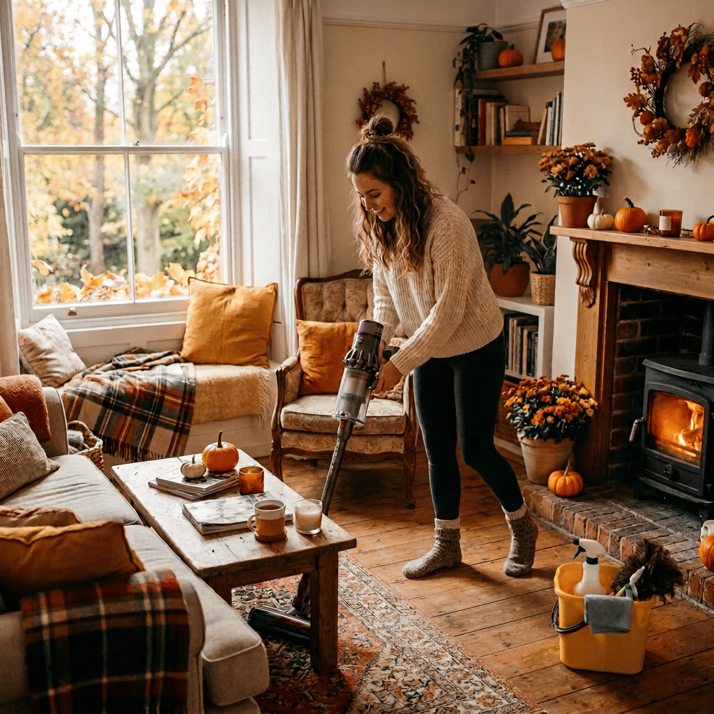 Woman vacuuming an autumn-decorated living room beside a wood stove