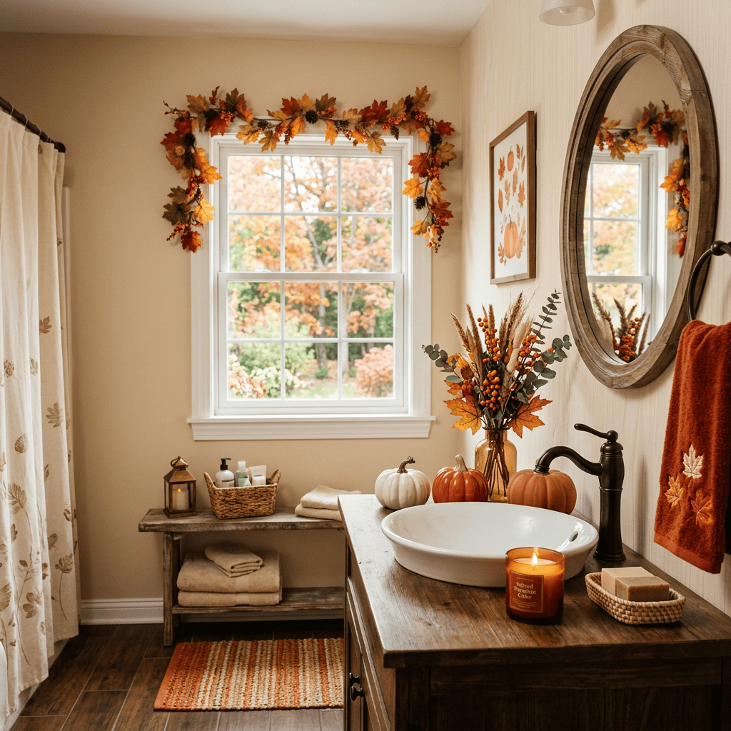 Bathroom decorated with autumn leaves, pumpkins, candles, and warm towels