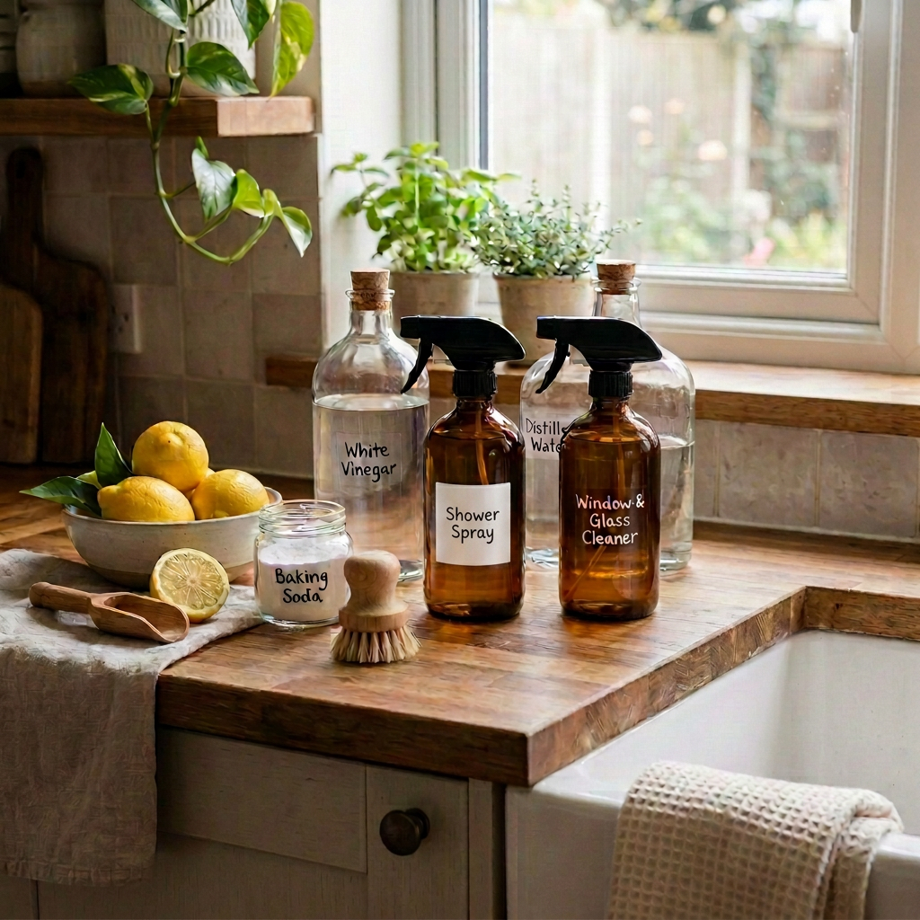 Natural cleaning supplies for low-waste homes Bottles of homemade cleaners with vinegar, baking soda, lemons, and cleaning brush