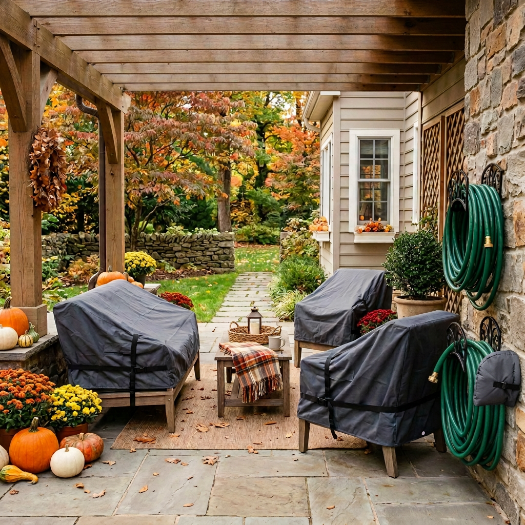 Covered patio with fall decorations and three covered chairs