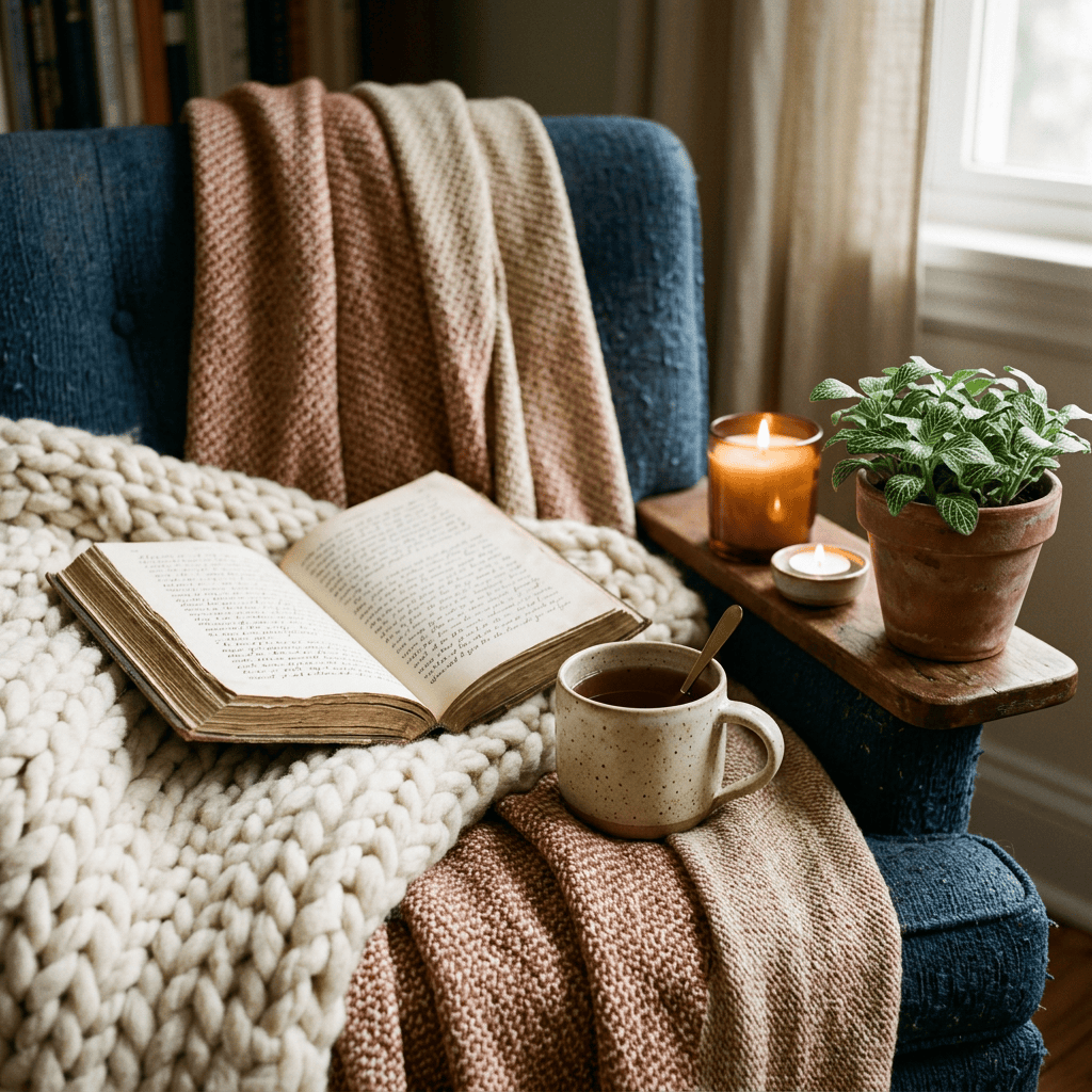 Open book, tea mug, candles, and potted plant on a cozy armchair